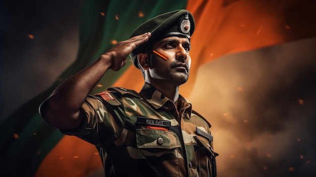 front view low angle shot of Proud Indian army soldier saluting while flag waving in background