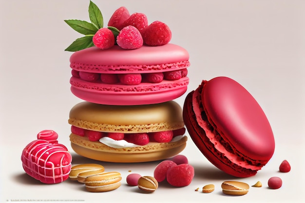 Front view of macarons with raspberries on a white surface Generative Ai