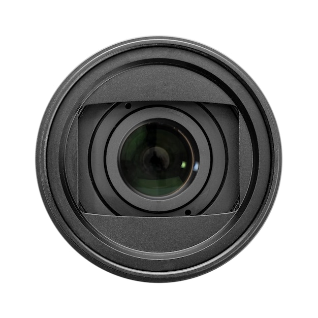 Front view of a macro photo camera lens isolated on white background Cameras eye