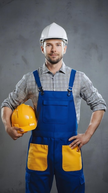 Photo front view male builder in uniform and helmet on gray background