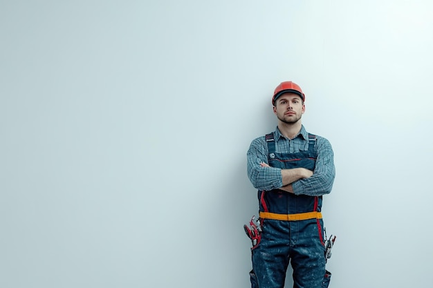 Photo front view of male builder in uniform on white wall