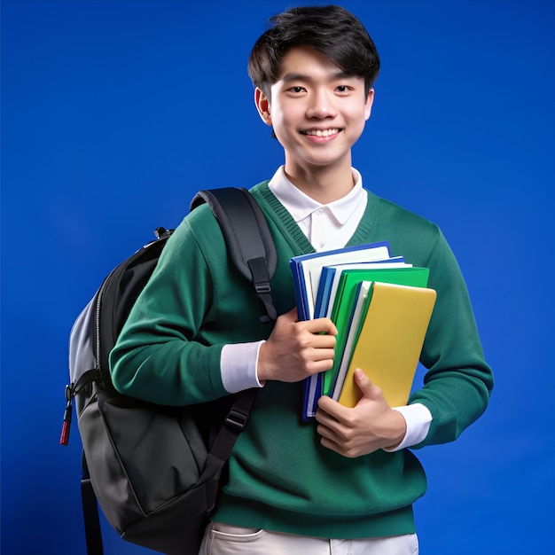 Front view of male student wearing black backpack holding copybooks and files on blue wall