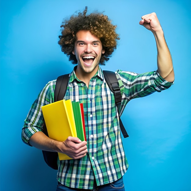 Front view of male student wearing black backpack holding copybooks and files on cyan wall