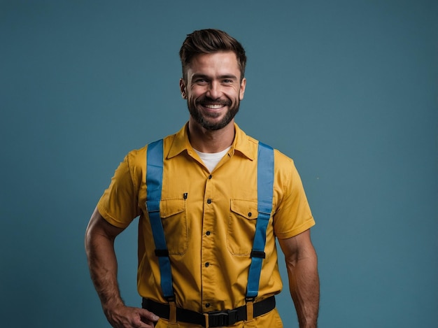 Photo front view of male worker in yellow uniform smiling and flexing on blue