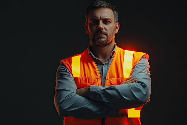 Front view man with safety vest and crossed arms