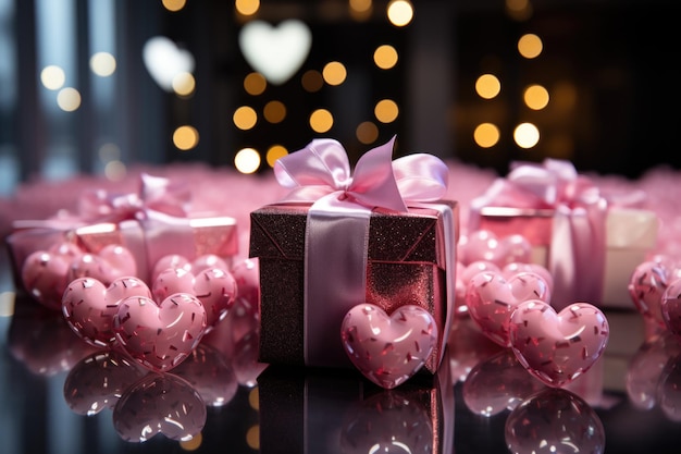 Photo front view of many pink hearts coming out of a gift box generative ia