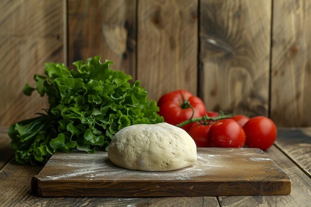 A front view meat meal dough with meat along with fresh vegetables on the brown wooden rustic desk