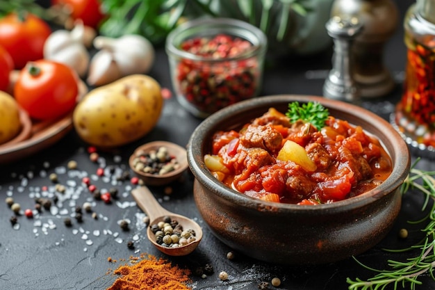 Front view meat sauce soup with greens and potatoes on a dark desk soup meal sauce meat