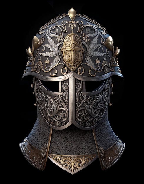 Front view of medieval knight helmet isolated on black background created with generative AI