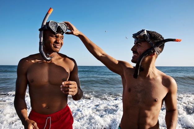 Front view men with swimming goggles