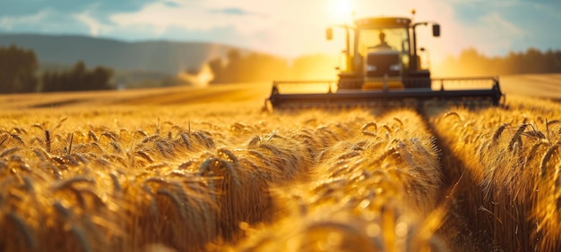 Front view of modern automated combine harvesting wheat ears on a bright summer day grain harvester