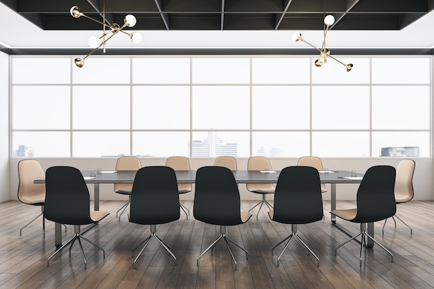 Front view of modern conference room with wooden floor and window with city view on background 3D Rendering