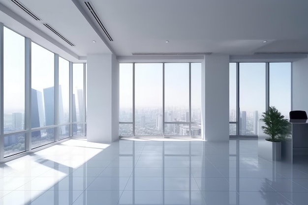 Front view modern empty office with panoramic skyline view bright daylight Generative AI AIG18