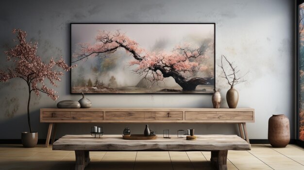 Front view of modern luxury japandi living room Gray wall wooden floor sakura tree in a pot large painting of sakura tree console with decorative vases home decor Mockup 3D rendering