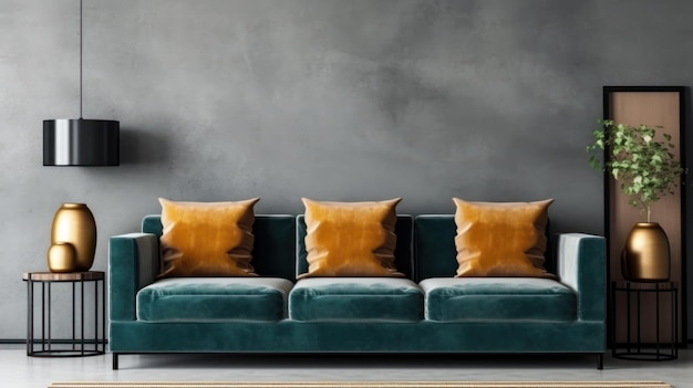 Front view of a modern luxury living room in dark colors gray wall emerald couch with terracotta cus