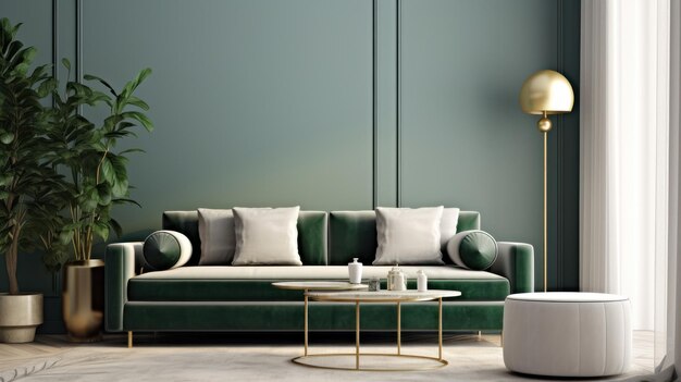 Front view of a modern luxury living room in green colors empty wall comfortable sofa with cushions