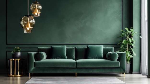 Front view of a modern luxury living room in green colors green empty walls comfortable sofa with cu