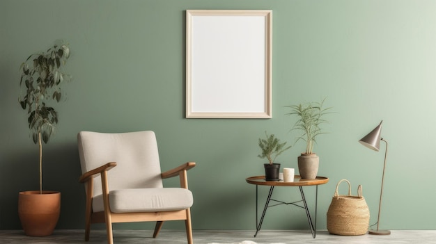 Front view of a modern luxury living room in green colors green wall with poster mockup comfortable