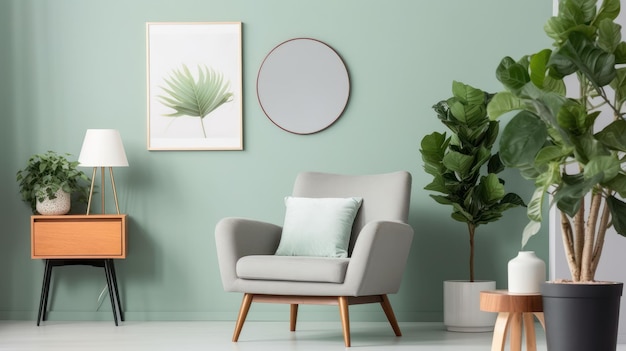 Front view of a modern luxury living room in green colors green wall with poster template and mirror