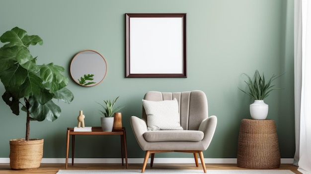 Front view of a modern luxury living room in green colors green wall with poster template and mirror