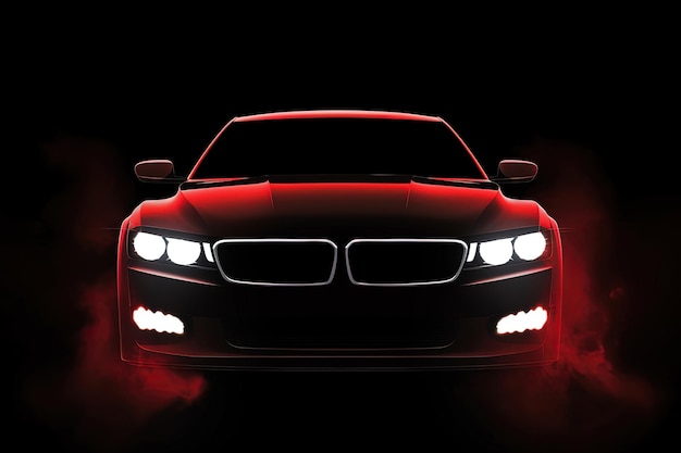 Front view of a modern luxury red car isolated on dark background with red neon light and smoke