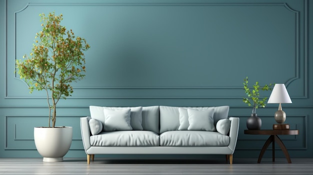 Front view of a modern minimalist living room Cian empty wall comfortable couch with cushions coffee table plants in vases contemporary home decor Mockup 3D rendering