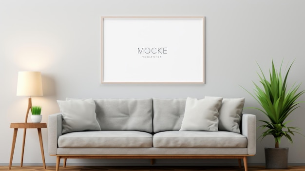 Front view of a modern minimalist scandi living room White wall with poster template comfortable couch with cushions plant in pot floor lamp Home decor Mockup 3D rendering