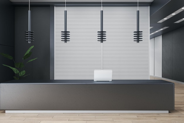 Front view on modern reception area with grey slatted wall backgroun