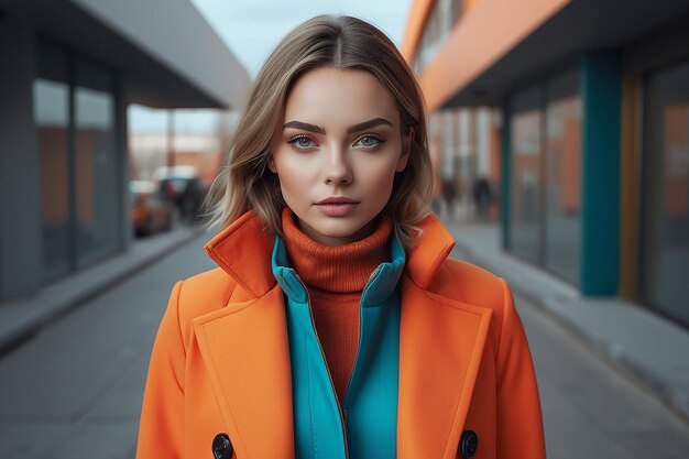 Photo a front view modern young lady in colorful coat orange t