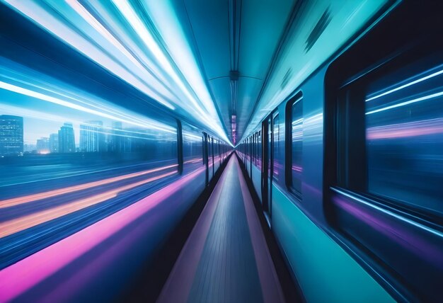 Front view of a moving train at night with illuminated buildings on either side