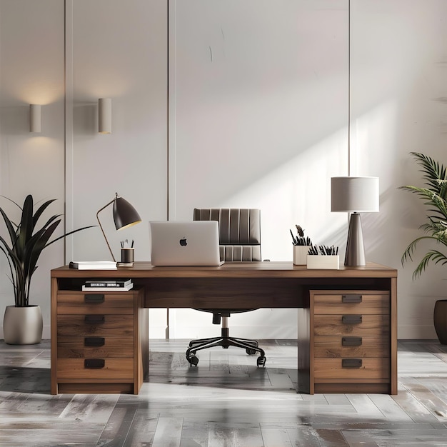 Front View Of Office Desk With Laptop And Chair