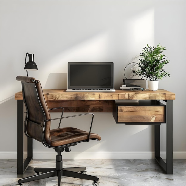 Front View Of Office Desk With Laptop And Chair