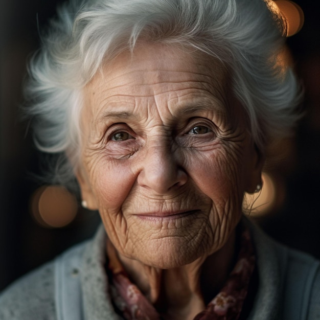 Photo front view old woman smiling with strong ethnic features