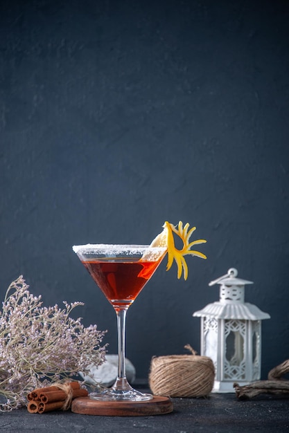 front view orange cocktail inside glass on dark background lemonade party fresh juice cool ice drink color