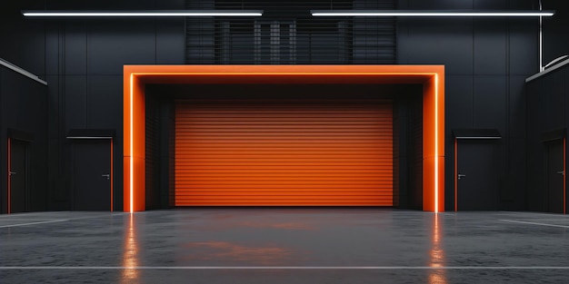 Front view of an orange industrial garage door with a black frame in a modern setting