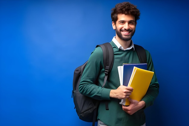 Front view photo of a male student wearing a black backpack holding copybooks and smiling against