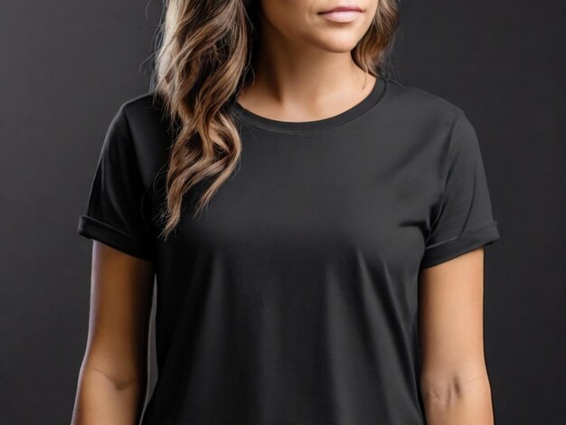 Photo front view photo woman wearing casual black tshirt mockup for design