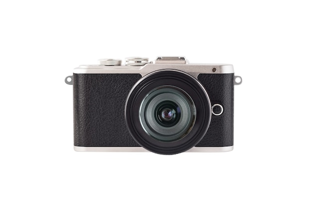 Front view of photographic mirrorless system camera for taking photos