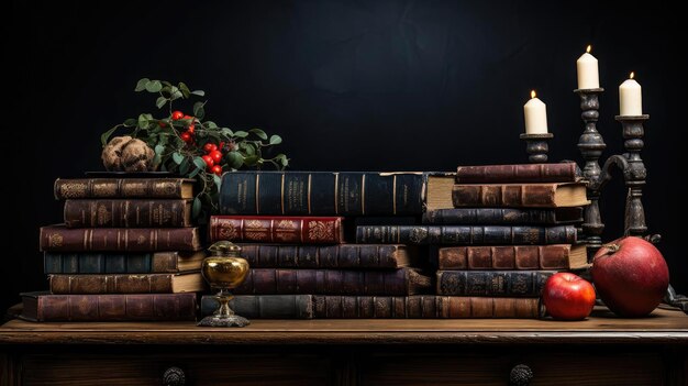 Front view pile of books on minimalistic background or stock of books for world book day background