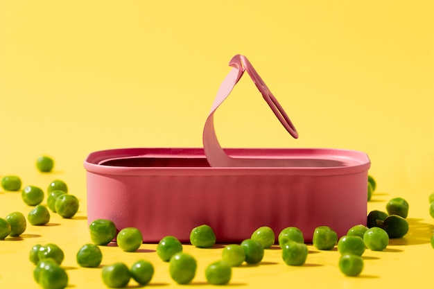 Front view pink tin can with peas