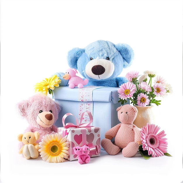 Photo front view plush toys and flower and gift box groupwhite background