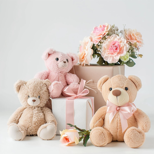 front view plush toys and flower and gift box groupwhite background