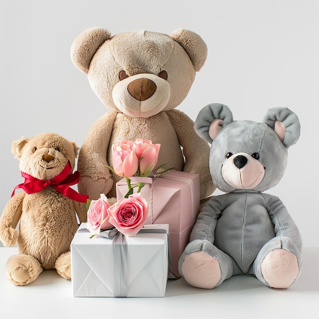 front view plush toys and flower and gift box groupwhite background