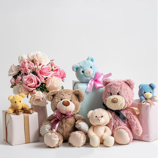 front view plush toys and flower and gift box groupwhite background