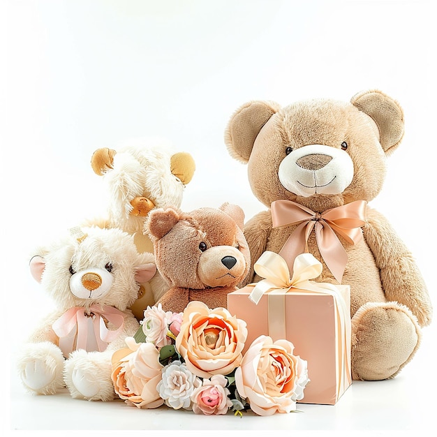 front view plush toys and flower and gift box groupwhite background