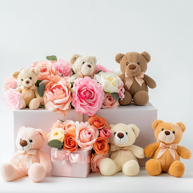 Photo front view plush toys and flower and gift box groupwhite background