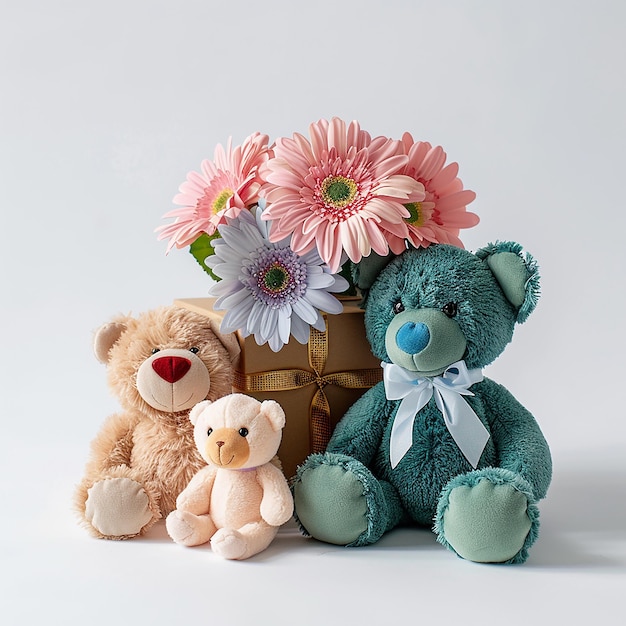 front view plush toys and flower and gift box groupwhite background