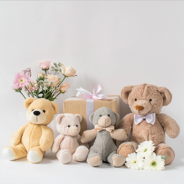 front view plush toys and flower and gift box groupwhite background