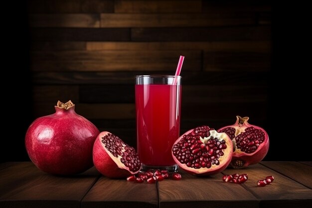 Front view pomegranates with a glass of juice and a red straw on a wooden wall