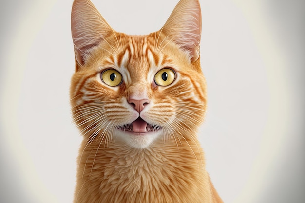 Front view of a portrait of a licking ginger cat on a blank white backdrop